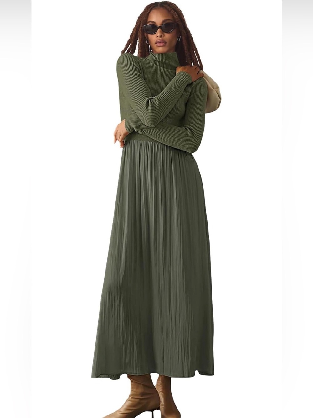 Women's Olive Green Maxi Dress with mock neck Knit Top ribbed knit top